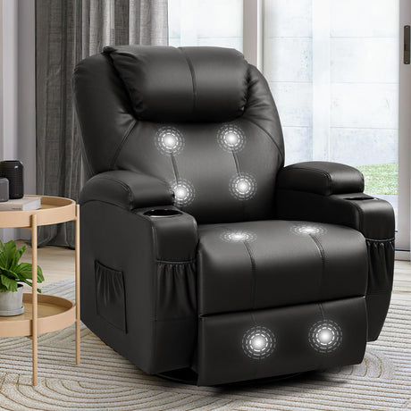 Furniwell Rocker Recliner Chair with Massage for Elderly, Leather Adjustable 360°Swivel Rocking Sofa for Living Room with Remote Control, Cup Holders (Black) Furniwell
