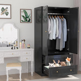 Wardrobe Closet with 2 Door & 2 Drawers, 71" Black Bedroom Wooden Armoire with Hanging Rod, Freestanding Large Capacity Clothing Wardrobe Cabinet w/Gold Handles for Bedroom Buenhomino