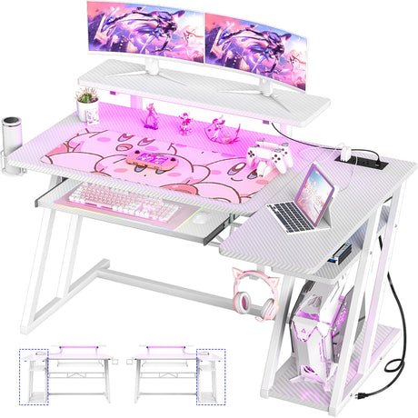 armocity L Shaped Gaming Desk with LED Lights and Outlets, White PC Gaming Desk with Monitor Stand and Shelves, Reversible Gaming Computer Desk with Keyboard Tray & Z-Shape Legs, 47" armocity