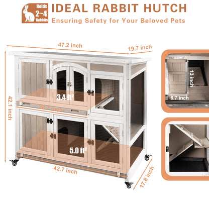 Gowoodhut 47"L Rabbit Hutch Indoor Wooden 2 Story Rabbit Large Bunny Hutch Outdoor Bunny Cage on 4 Metal Wheels and 2 Deeper Pull Out Trays, Ramp,Guinea Pig Pet House for Small to Medium Animals,Grey