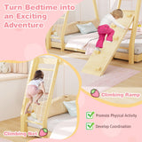Giantex Twin Over Queen Bunk Bed, Wood House Bunk Bed for Kids with Climbing Nets and Ramp, Floor Queen Size Bunk Beds with Safety Guardrail, No Box Spring Needed, for Boys Girls Adults (Natural) Giantex