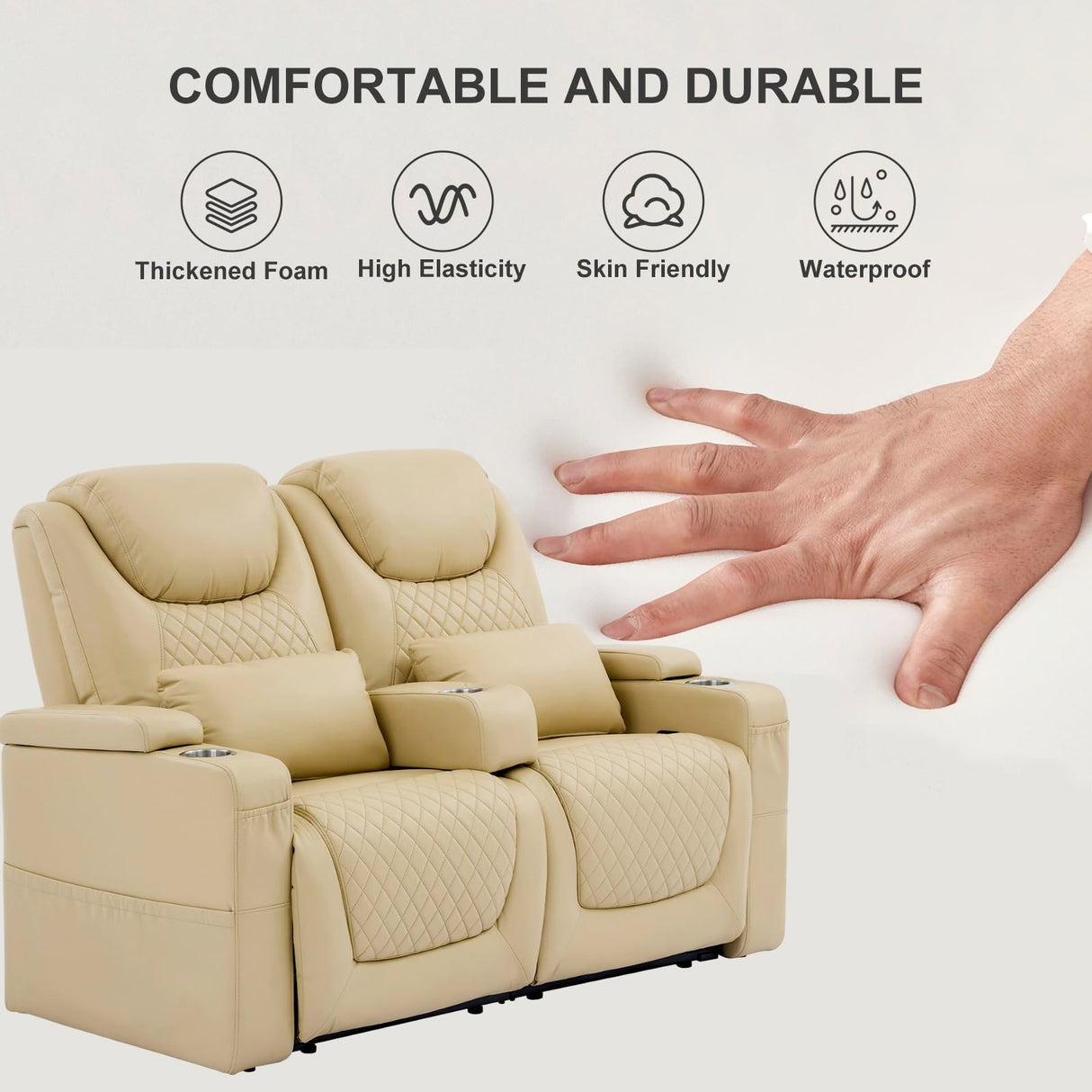 Attliahome 61" RV Loveseat Recliner, Double Recliner Furniture with 3 Arms and 2 Pillows, Wall Hugger Recliners & 135° Reclining Theater Seating (Beige PU Leather RV Couch) Attliahome