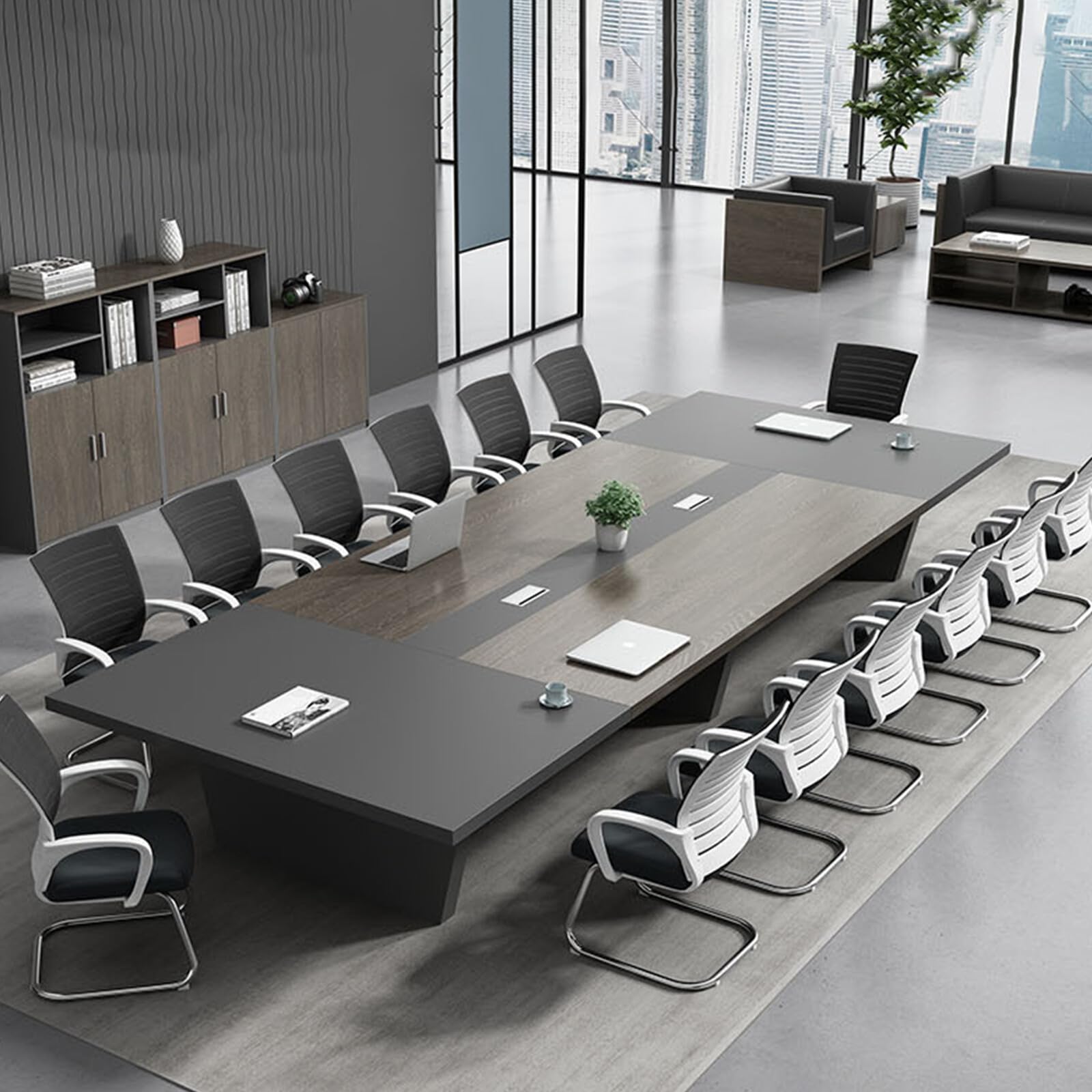 Nuipesn Rectangular Conference Room Table, Seminar Table Meeting Room Table Boardroom Desk Business Seminar Table Printer Desk no Chair for Office (Oak+Grey,9.84FT,118.11" L*51.18" W*29.53" H - WoodArtSupply