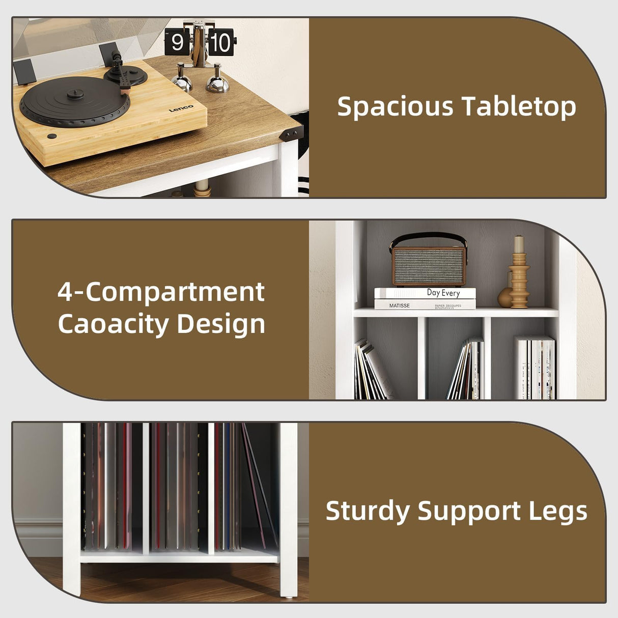 Record Player Stand with Vinyl Storage Cabinet, Record Player Table with 3 Divider Open Shelf Holder Up to 160 Albums Cube Storage, Record Shelf with Outlet Hole for Album CD & Living Room, White 4 EVER WINNER