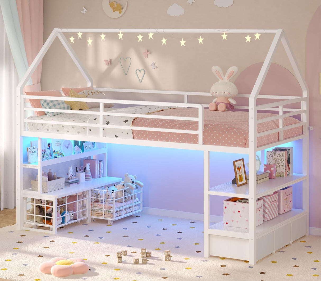 ADORNEVE Low Loft Bed Twin Size with 5 Storage Drawers, Twin Loft Bed with Bookcase & LED Lights, Open Storage Shelves, Metal House Bed with Safety Guardrail & Under-Bed Play Space for Kids, White ADORNEVE