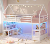 ADORNEVE Low Loft Bed Twin Size with 5 Storage Drawers, Twin Loft Bed with Bookcase & LED Lights, Open Storage Shelves, Metal House Bed with Safety Guardrail & Under-Bed Play Space for Kids, White ADORNEVE