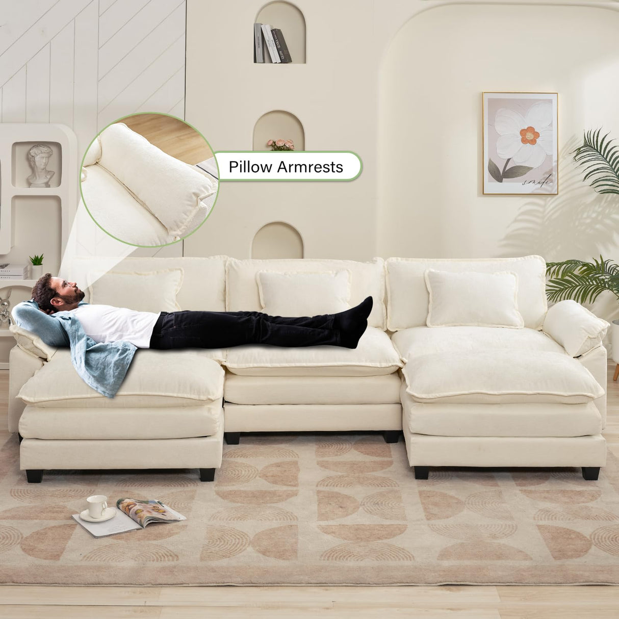 Oprisen Modular Sectional Sofa, Comfy Cloud Couch Sectional Sofa with Ottoman, Chenille Sofa Sleeper Deep Seat Sofa with Throw Pillows for Living Room (Beige White, 120"- U Shape) Oprisen