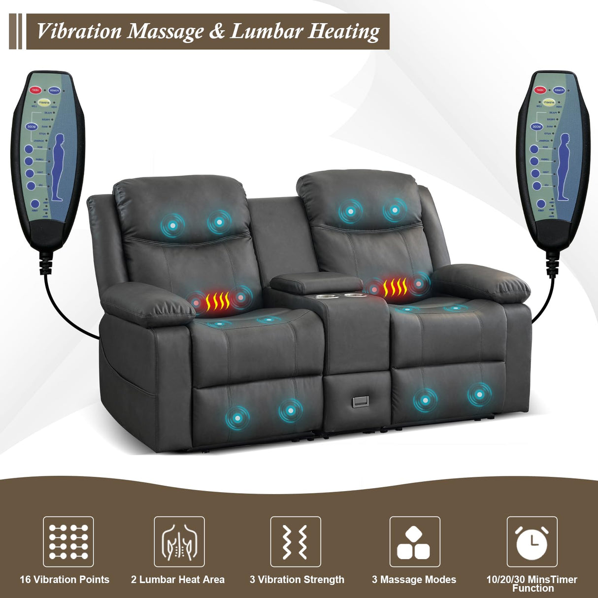 B BAIJIAWEI Loveseat Recliner, Reclining Sofa with Console, Double Reclining Couch, 2 Seater Manual Massage Couch for Living Room, Office, Home Theater(PU-Grey) B BAIJIAWEI