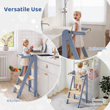 WeeGuruu Foldable Kitchen Tower, Height Adjustable Standing Tower for Toddlers Learning New Skills, Wooden Kids Kitchen Stool Helper with Safety Rails- Ages 18 Months to 6 Years WeeGuruu