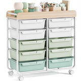 Rolling Storage Cart with 10 Large Drawers, Utility Cart with Wooden TableTop for Craft Organizers, Art Supply Storage, Home Office Organization, Cart with Wheels for Classroom, School, Green SYKIARIOL