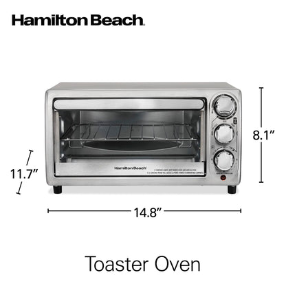 Hamilton Beach 31143 4-Slice Toaster Oven with 5 Cooking Modes (Bake, Broil, Keep Warm Toast & Bagel) with Stay On & Auto Shutoff, 2 Rack Positions, 1100 Watts and 3 Accessories, Stainless Steel