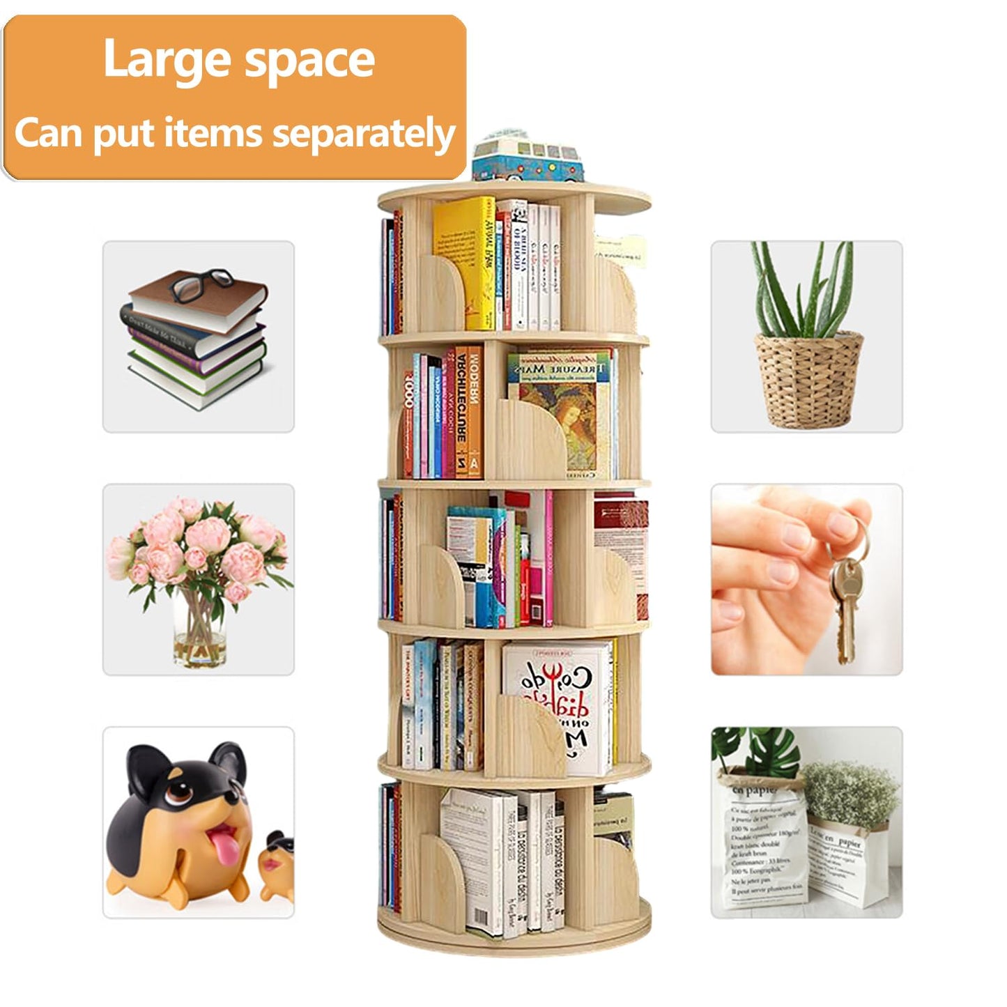 Lexza 4-Tier 360° Rotating Bookshelf - Sturdy Wood Bookcase for Kids and Adults - WoodArtSupply