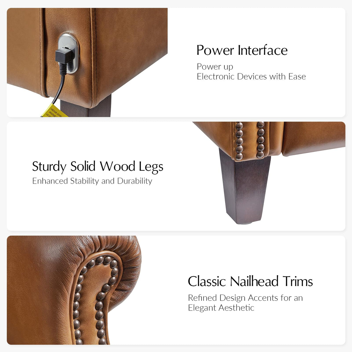 HULALA HOME Power Genuine Leather Recliner Chair with Charging, Rivet Decor Comfy Single Sofa, Solid Wood Legs, Tufted Home Theater Seating for Living Room, Camel HULALA HOME