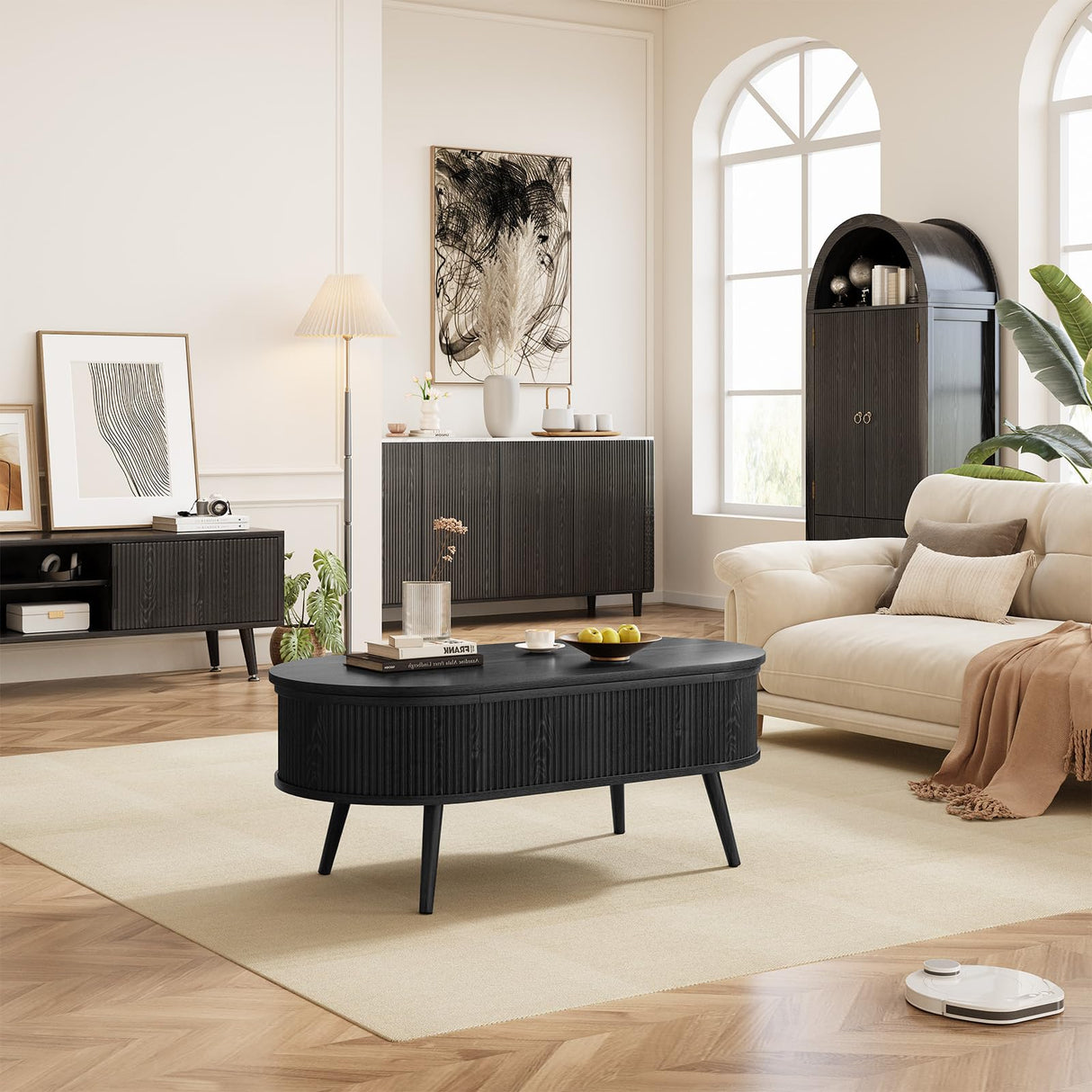 Oval Coffee Table with Storage, Fluted Coffee Table with Lift Top, Small Coffee Tables with Storage, Mid Century Modern Center Table for Living Room Home Office, 39.4", Black Onogefel