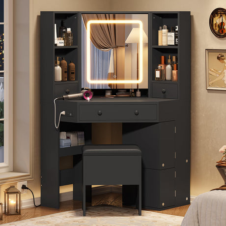BTHFST Corner Vanity Desk with Lighted Mirror, Makeup Vanity with Lights and Charging Station, Vanity Set with Mirror and Storage Stool, Makeup Table with Drawers, Rotating Shelves, Black BTHFST