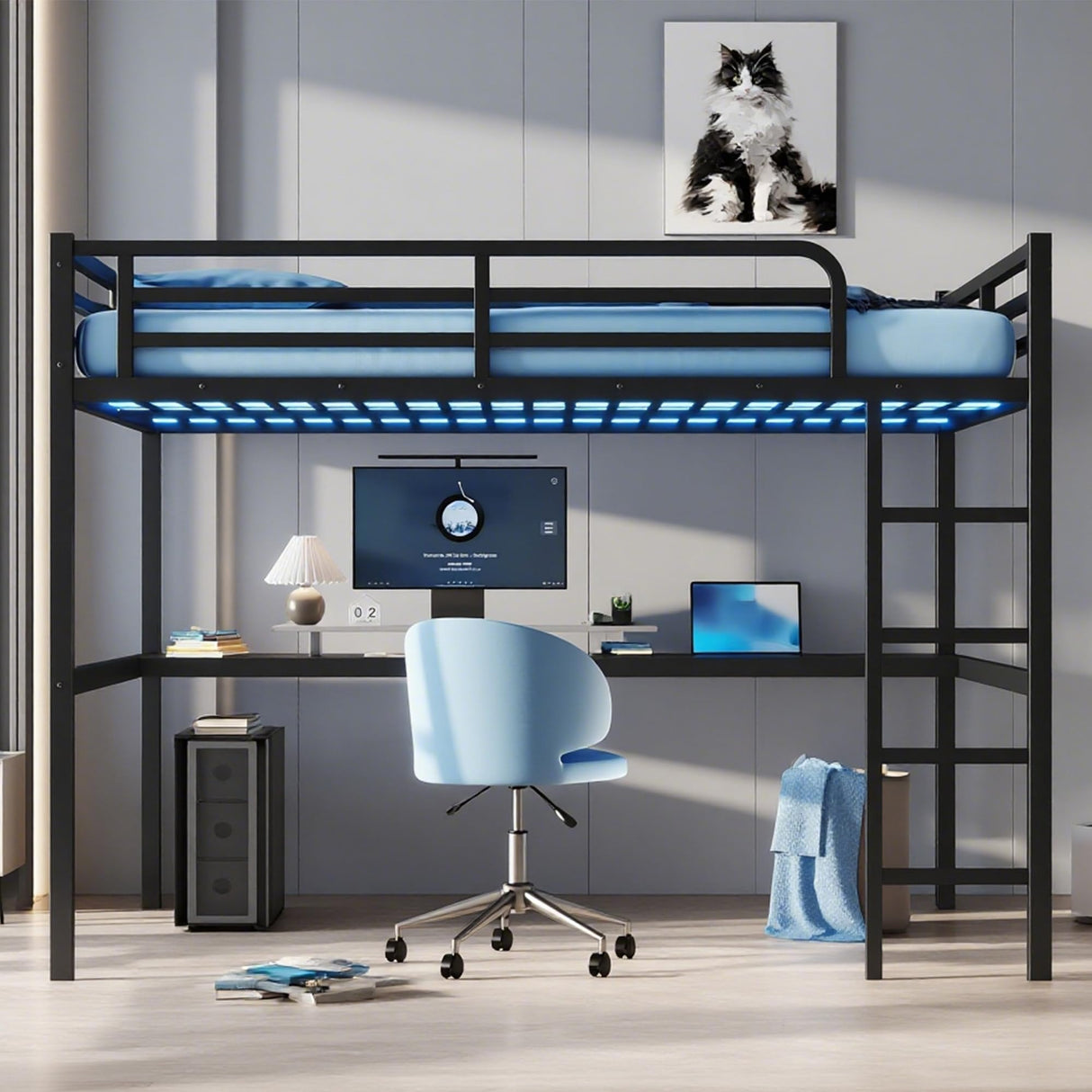 Metal Queen Size Loft Bed with Desk and Charging Station,Heavy Duty Loft Bed Frame Queen Size with LED Lights and USB for Kids,Teens,Adults,Black Desk Bellemave