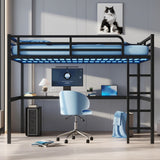Metal Queen Size Loft Bed with Desk and Charging Station,Heavy Duty Loft Bed Frame Queen Size with LED Lights and USB for Kids,Teens,Adults,Black Desk Bellemave