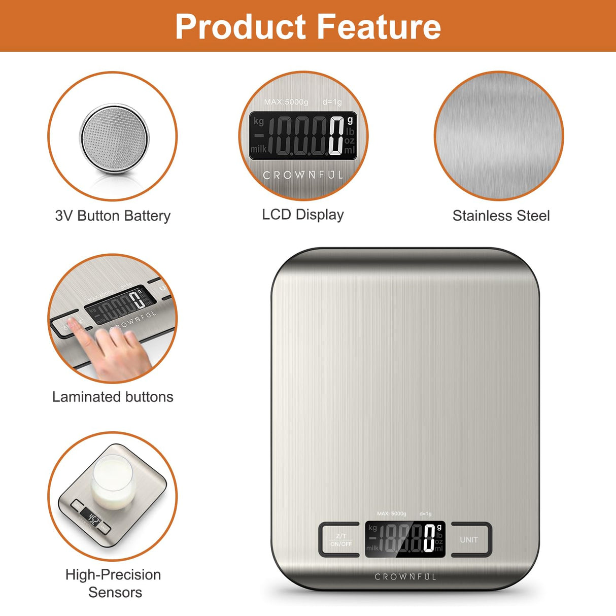 CROWNFUL Food Scale, 11 lb Digital Kitchen Scales with Built-in Coin Battery, Weight Ounces and Grams for Cooking and Baking, 6 Units with Tare Function, LCD Display, 304 Stainless Steel CROWNFUL