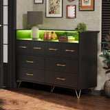 Patikuin Black Dresser for Bedroom with LED Light & Charging Station, 8 Drawers Wooden Dressers with Open Space, Modern Chest of Wide Drawers for Living Room, Entryway, Hallway Patikuin