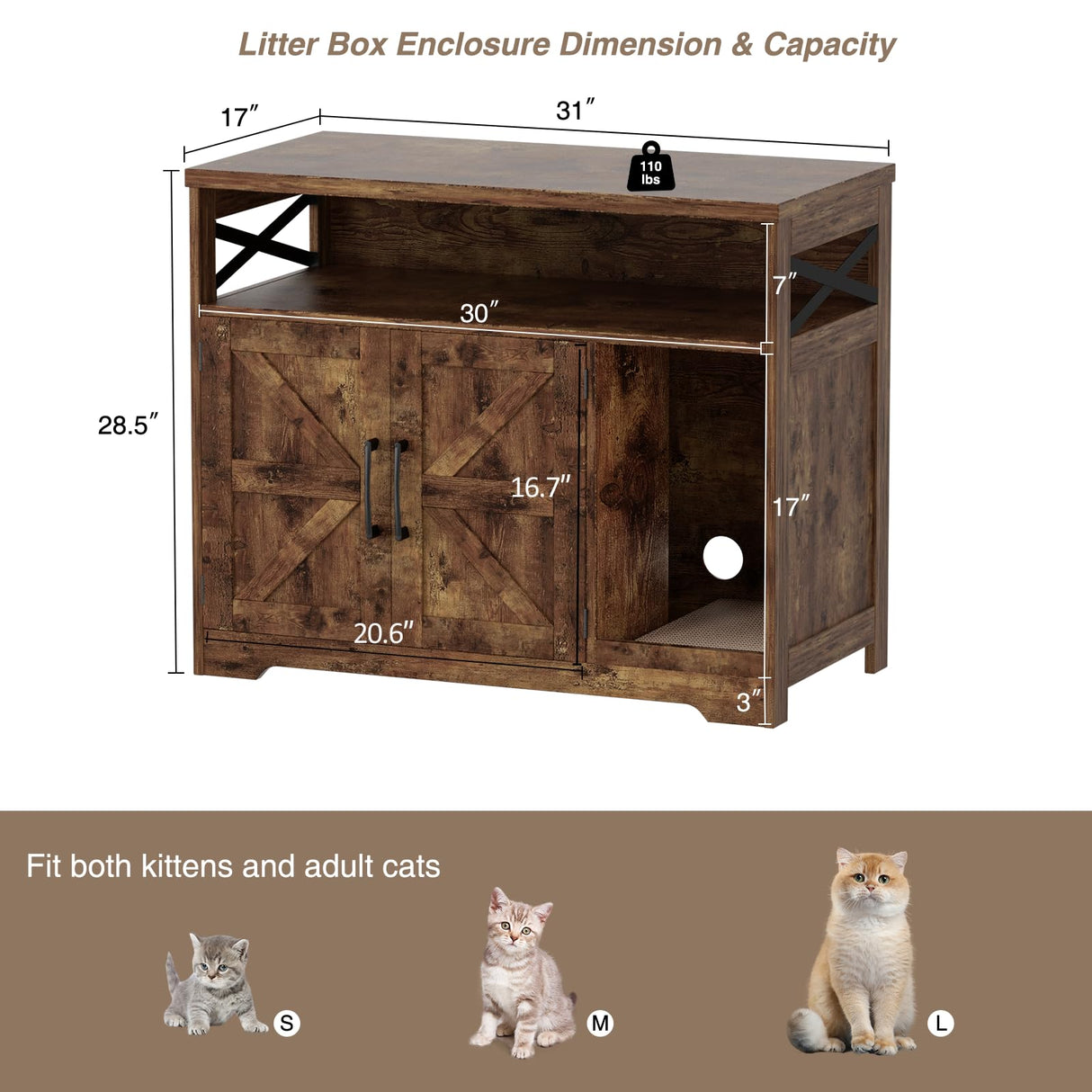 Halitaa Cat Litter Box Enclosure, Hidden Litter Box Furniture with Scratch Pad, Farmhouse Indoor Cat House Washroom End Table, Rustic Brown Halitaa