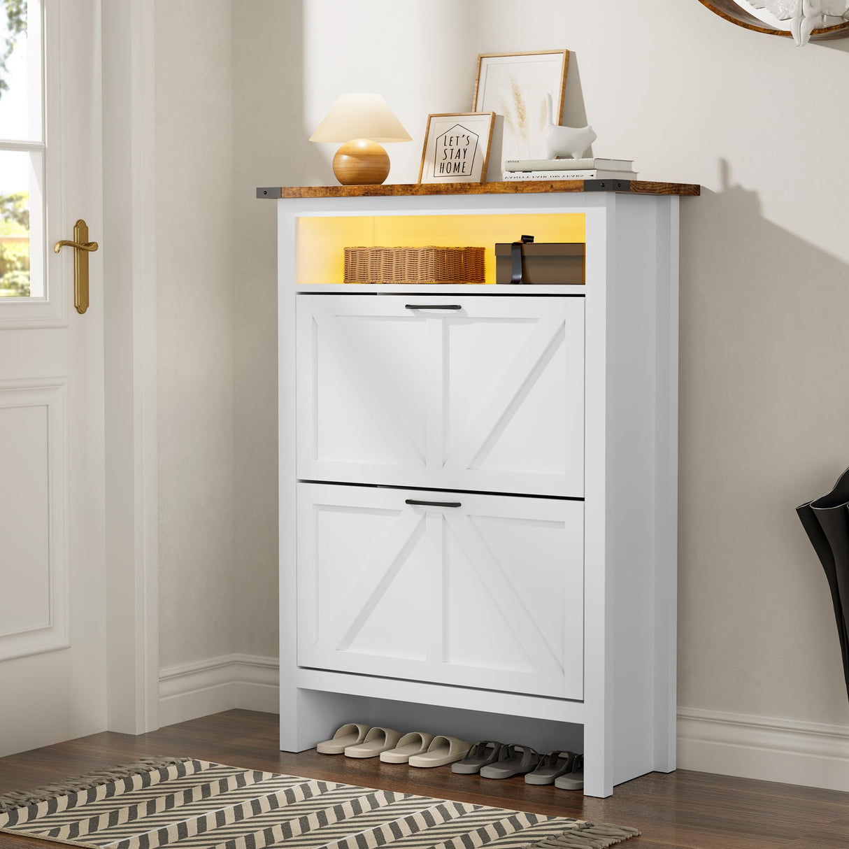 MU Shoe Cabinet with 2 Flip Drawers & Open Storage Space, Entryway Shoe Storage Cabinet with LED Light, Hidden Shoe Organizer for Entryway, White MU