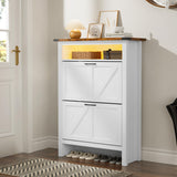 MU Shoe Cabinet with 2 Flip Drawers & Open Storage Space, Entryway Shoe Storage Cabinet with LED Light, Hidden Shoe Organizer for Entryway, White MU