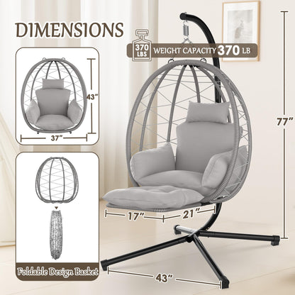 ZENPETIO Hanging Egg Chair with Stand & Leg Rest, Rattan Wicker Swing Chair with UV Resistant Cushion and Pillow, for Indoor Outdoor Bedroom Patio Hanging Basket Chair 370lbs Capacity, Grey