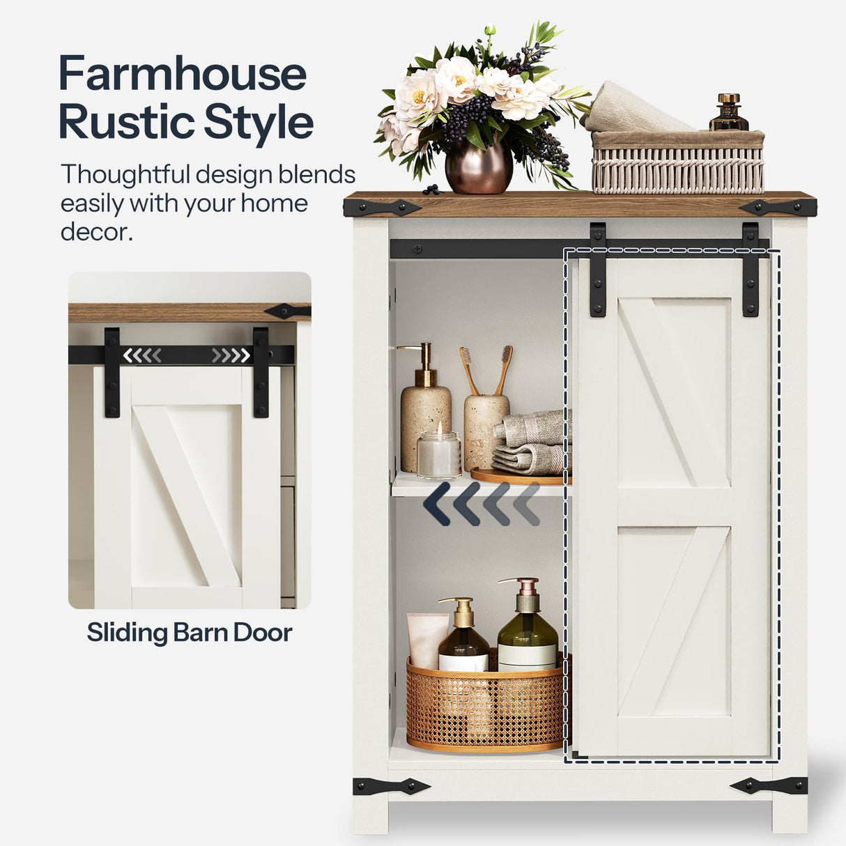 HOOBRO Bathroom Storage Cabinet, Farmhouse Kitchen Pantry Cabinet with Sliding Barn Door, Adjustable Shelf and 4 Drawers, Large Capacity, 11.8" D x 23.6" W x 31.9" H, Easy Assembly, White and Walnut HOOBRO