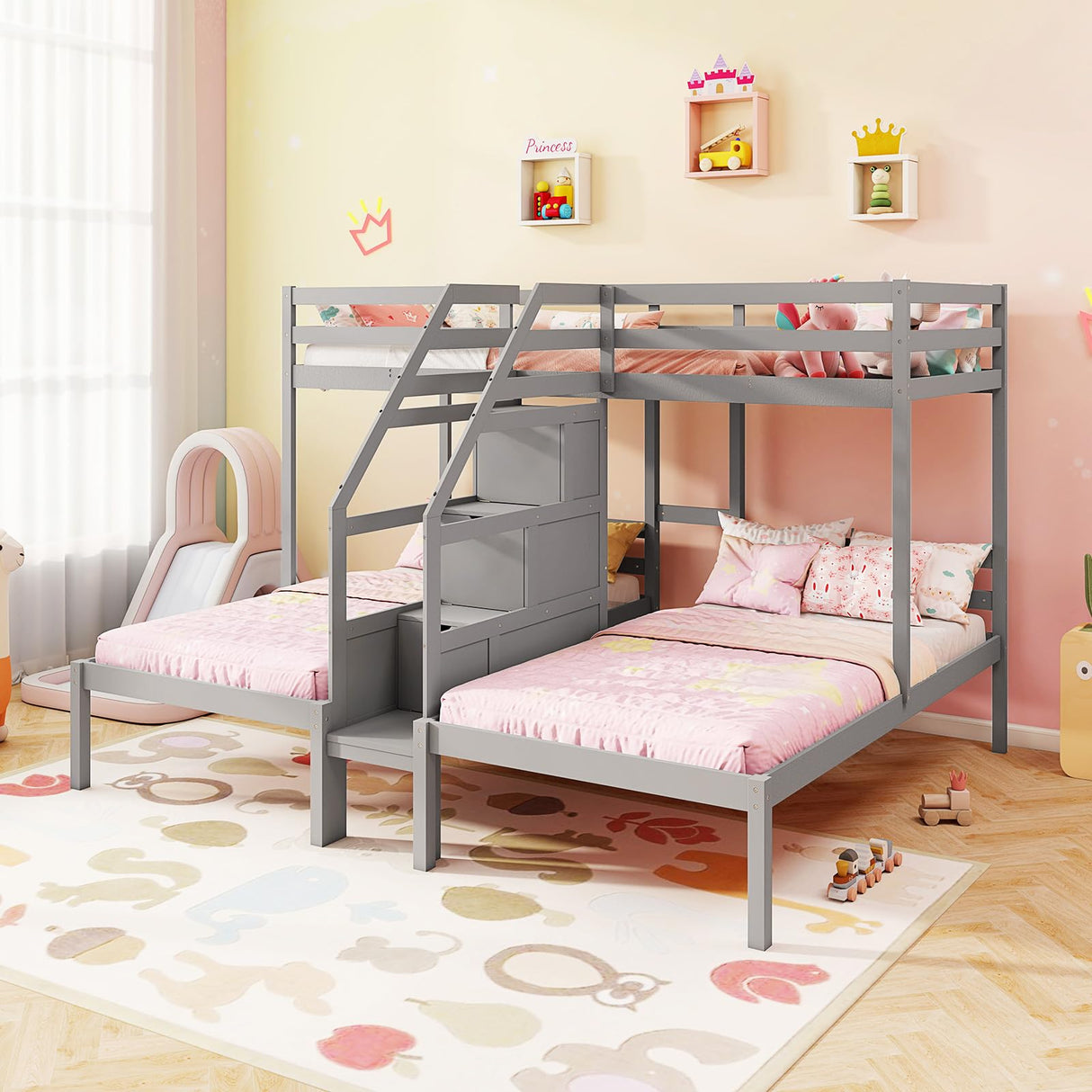 Giantex Twin Over Twin & Twin Bunk Bed, Triple Bunk Beds with 4-Step Storage Stair, Guardrail & Solid Wood Structure, Wooden 3 Bunk Beds for Kids Teens, No Box Spring Needed, Grey Giantex