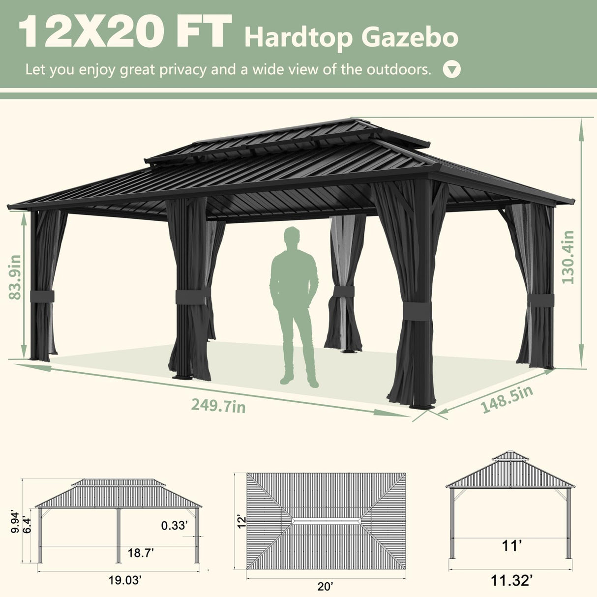 Yardenaler 12x20 FT Hardtop Gazebo Canopy with Double Galvanized Steel Roof, Permanent Outdoor Pavilion with Curtain & Mesh Netting for Patio. Garden, Backyard, Black Yardenaler