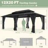 Yardenaler 12x20 FT Hardtop Gazebo Canopy with Double Galvanized Steel Roof, Permanent Outdoor Pavilion with Curtain & Mesh Netting for Patio. Garden, Backyard, Black Yardenaler