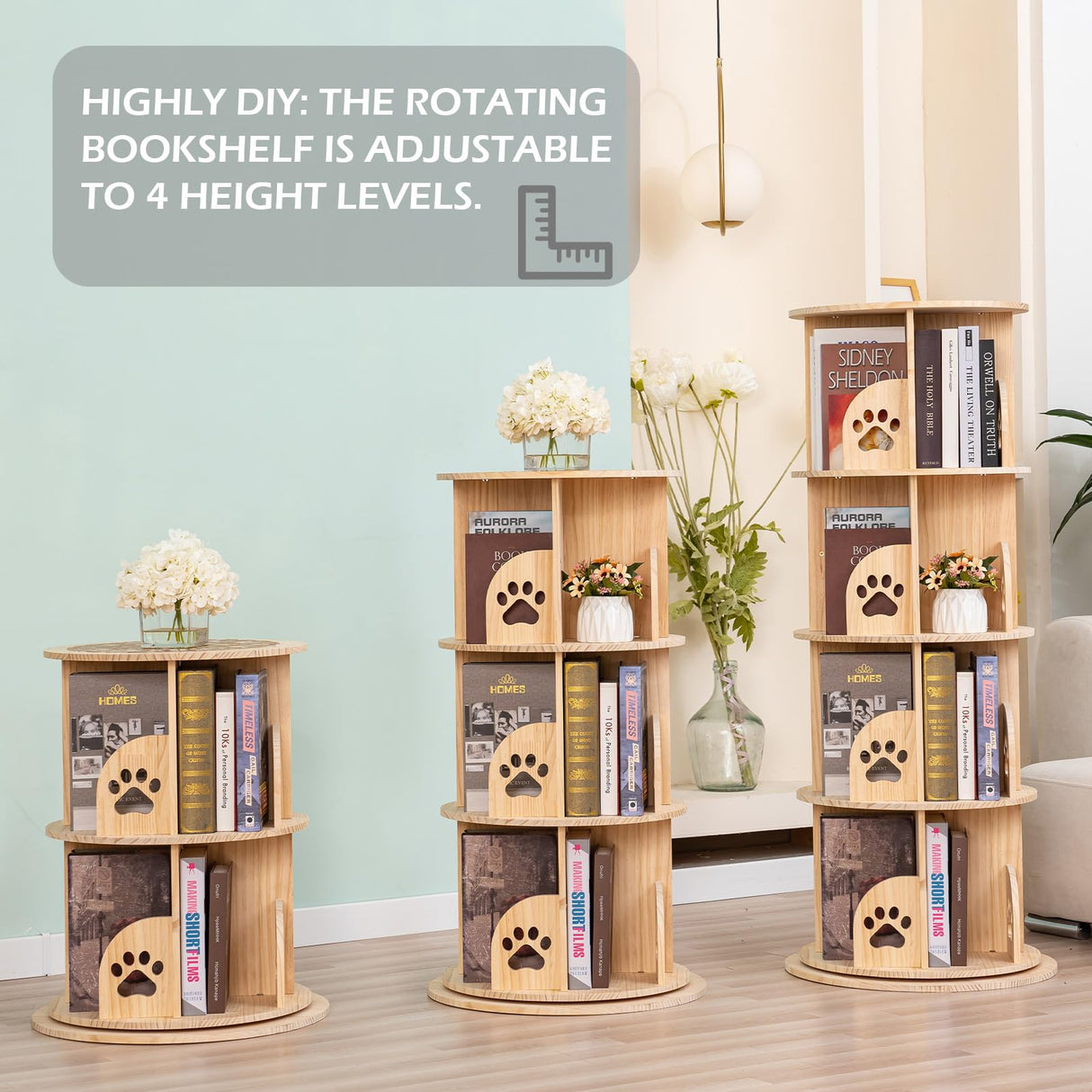 BUYWAY 360° Rotating Solid Wood Bookshelf Tower - Versatile 4-Tier Bookcase for Kids & Adults BUYWAY