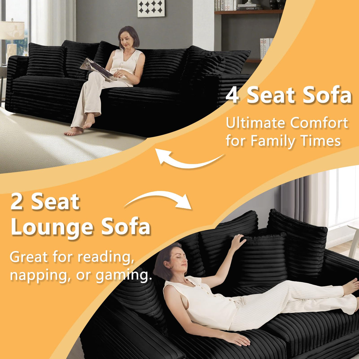 Tabaray 102.4" Oversized Cloud Couch, Convertible 4 Deep Seat Foam Sofa Couch, 2 in 1 Plush Corduroy Sofa with 6 Soft Pillows, Modern Modular Sectional Couches for Living Room, Apartment, Black Tabaray