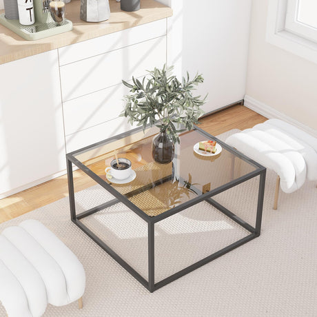 YMYNY Glass Coffee Table, Tempered Glass Square Coffee Tables with Metal Frame, Unique Modern Table for Living Room Home Office 26.77" x 26.77" x 15.75", Dark Brown, UHCT001T YMYNY