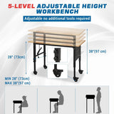 40 InAdjustable Heavy Duty Work Bench - 2000LB Rolling Workbench Capacity Rubber Wood Top with Power Outlets, Pegboard & Wheels for Garage, Workshop, Office Attracoast