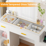 BEWISHOME 49.2" Large Vanity Desk with Mirror and Lights,White Makeup Vanity Table with Glass Top,Stool,Makeup Desk with Power Outlet,Drawers,Cabinet,Nightstand,Dressing Table for Bedroom Women FST34W BEWISHOME