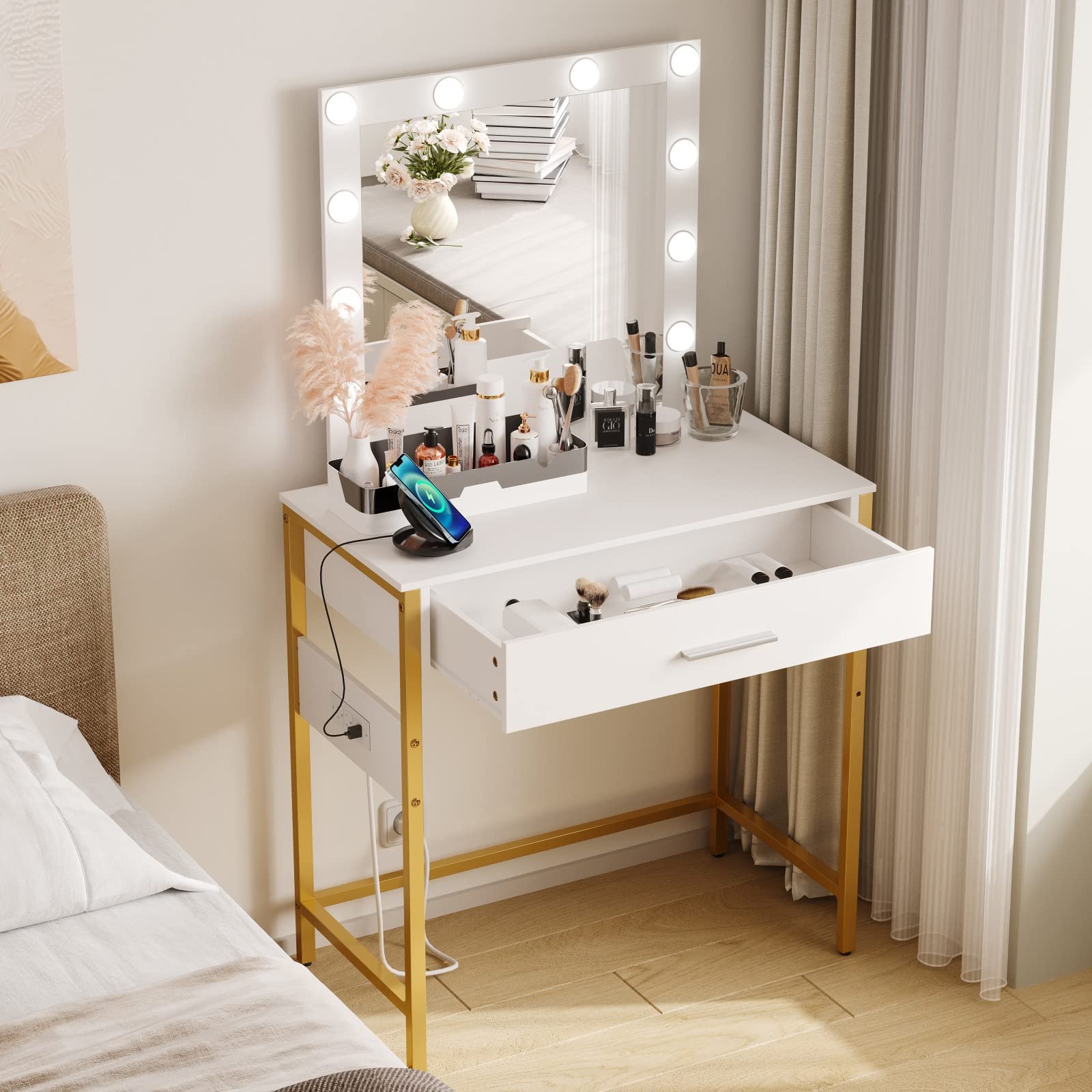 Irontar Makeup Vanity Table with Charging Station and USB Ports & Power Outlets, Bedroom Vanity Desk with Mirror and Lights for Girls, Women, 10 LED Bulbs and 1 Drawer, White WDT001WE - WoodArtSupply