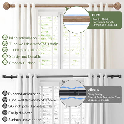 HTZON Wood Curtain Rods 48 to 84 Inch,1 Inch Adjustable Curtain Rod,Netted Wooden Window Curtains Rods,Farmhouse Rustic Heavy Duty Curtain Rods,Brown Wood Grain Decorative Single Drapery Rods 36-88"