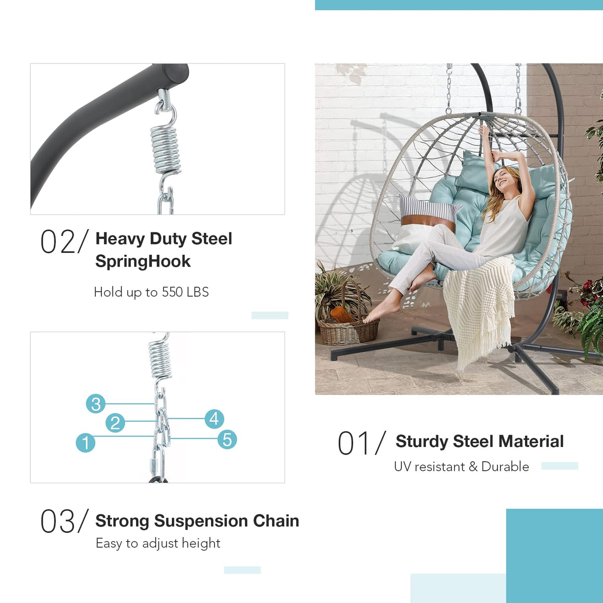 Patiorama 2 Person Double Egg Swing Chair with Stand Indoor Outdoor, Patio Wicker Rattan Hanging Egg Chair w/Cushion, Pillow, Foldable Hammock Chair 550lbs for Bedroom, Balcony, Garden (Light Blue) Patiorama