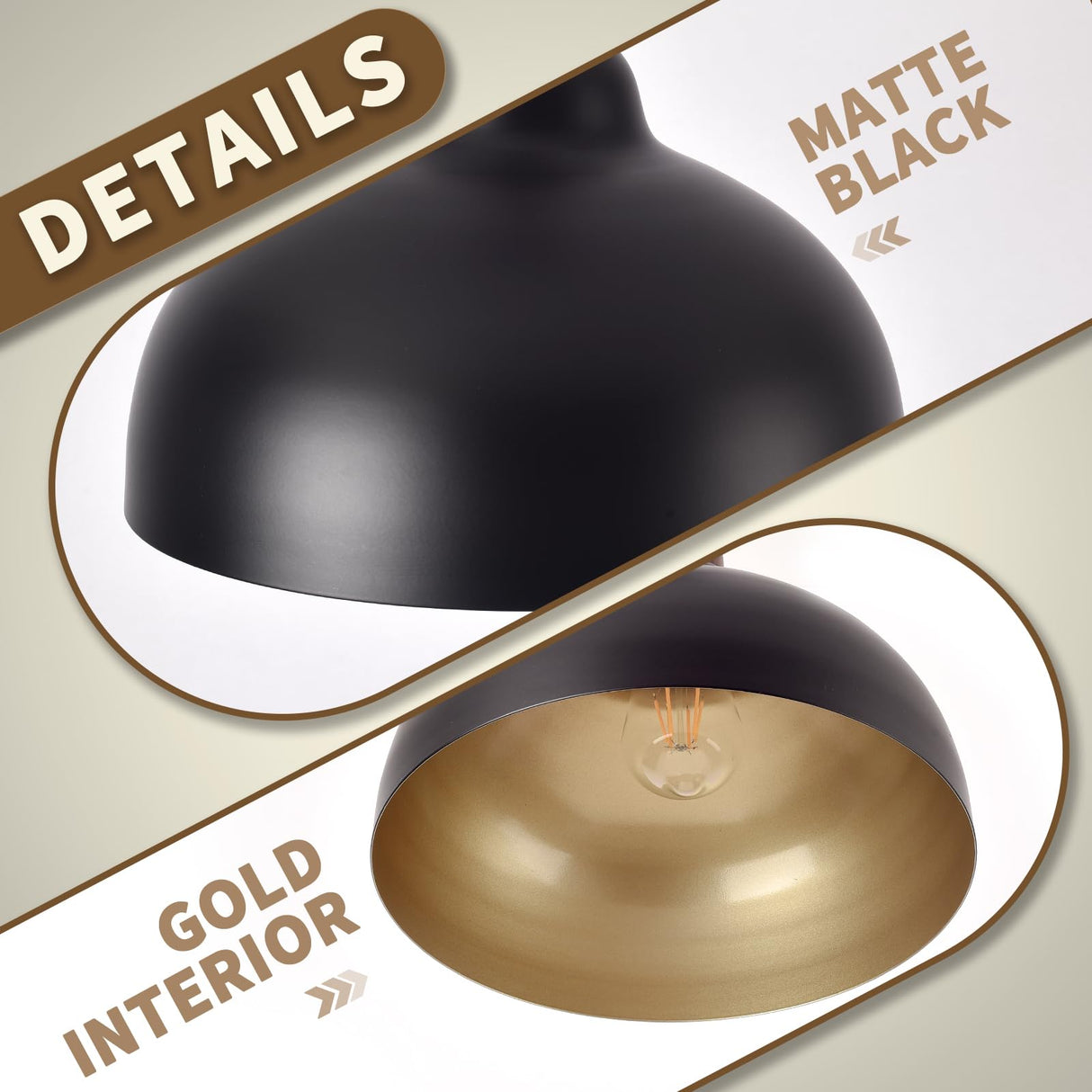 Set of 2 Pcs 11.8" Black Dome Pendant Light, Farmhouse Modern Black and Wood Hanging Pendant Lights Kitchen Island, Vintage Pendant Light Large Dome Chandelier for Kitchen Island, Dining Room Ziqqeelam