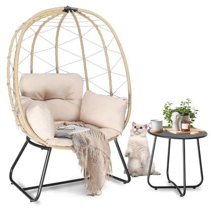 GRAVFORCE Wicker Egg Chair Set, Oversized Indoor Outdoor Lounger Chair with Cushion & Table, Patio Rattan Chair for Backyard, Living Room, Steel Frame, 440lb Capacity - Ivory