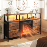 Fireplace TV Stand with 4 Fabric Drawers, TV Stand Dresser with Power Outlets and LED Lights, Fireplace Entertainment Center with Open Shelf for 43,50 Inch TV, for Living Room, Bedroom, Rustic Brown PUKAMI