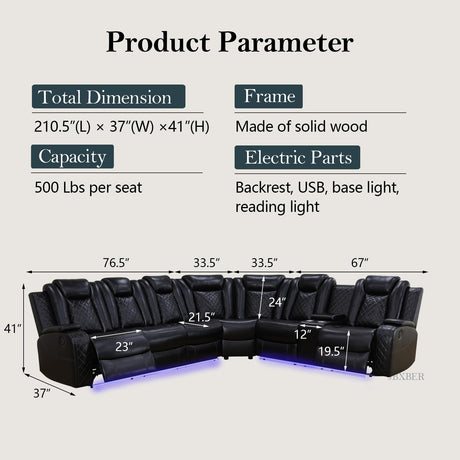 JBXBER Power Recliner Sectional Sofa Set, Black Leather Sectional Couch for Living Room, L Shape Reclining Sofa with Led Lights, Cup Holder, Pull-Down Table for Home/Office(6 Seat) JBXBER
