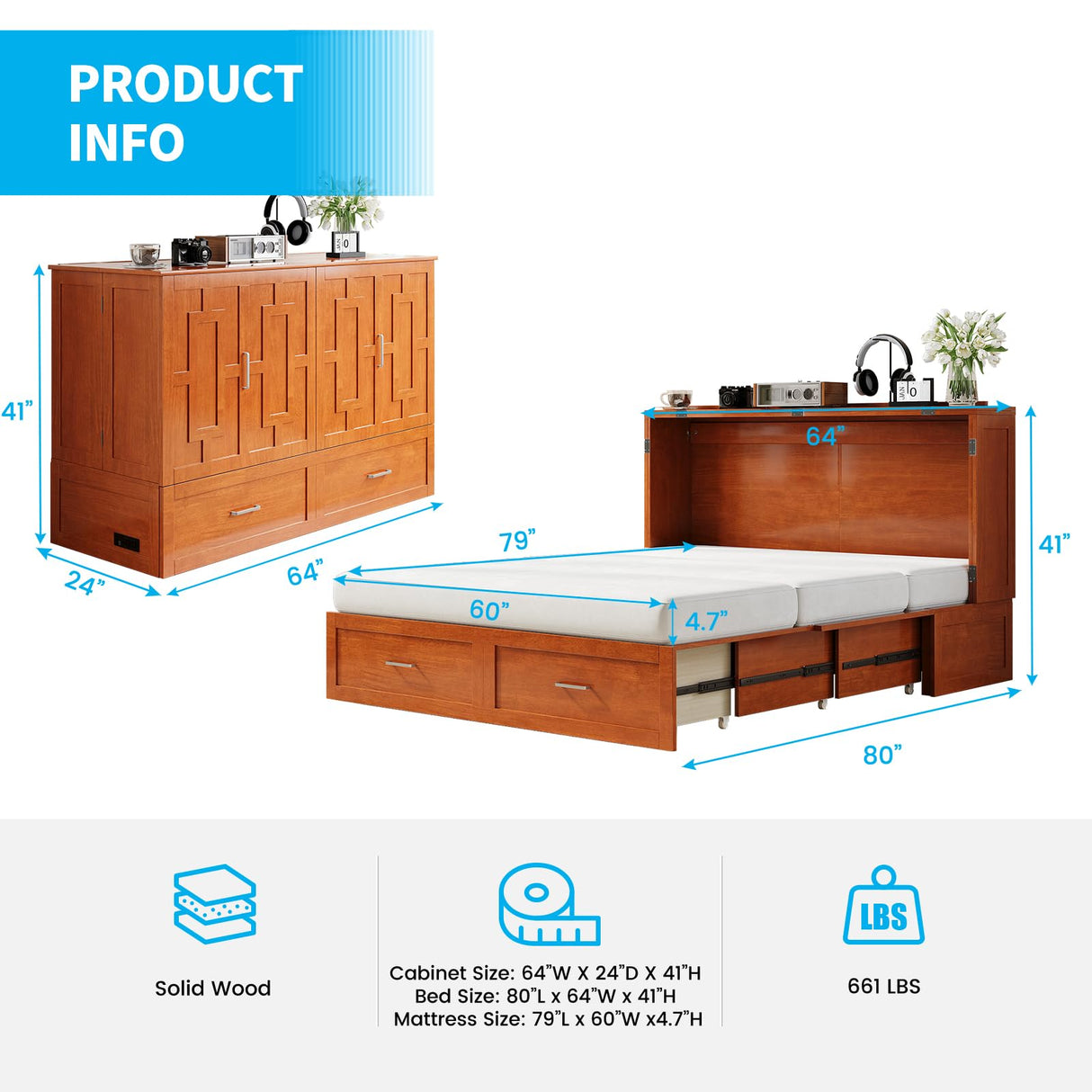 ADOWORE Queen Murphy Bed, Murphy Cabinet Bed with Built-in USB Charging Station & Large Storage Drawers, Horizontal Murphy Bed Wood Murphy Chest Bed for Bedroom, Maroon ADOWORE