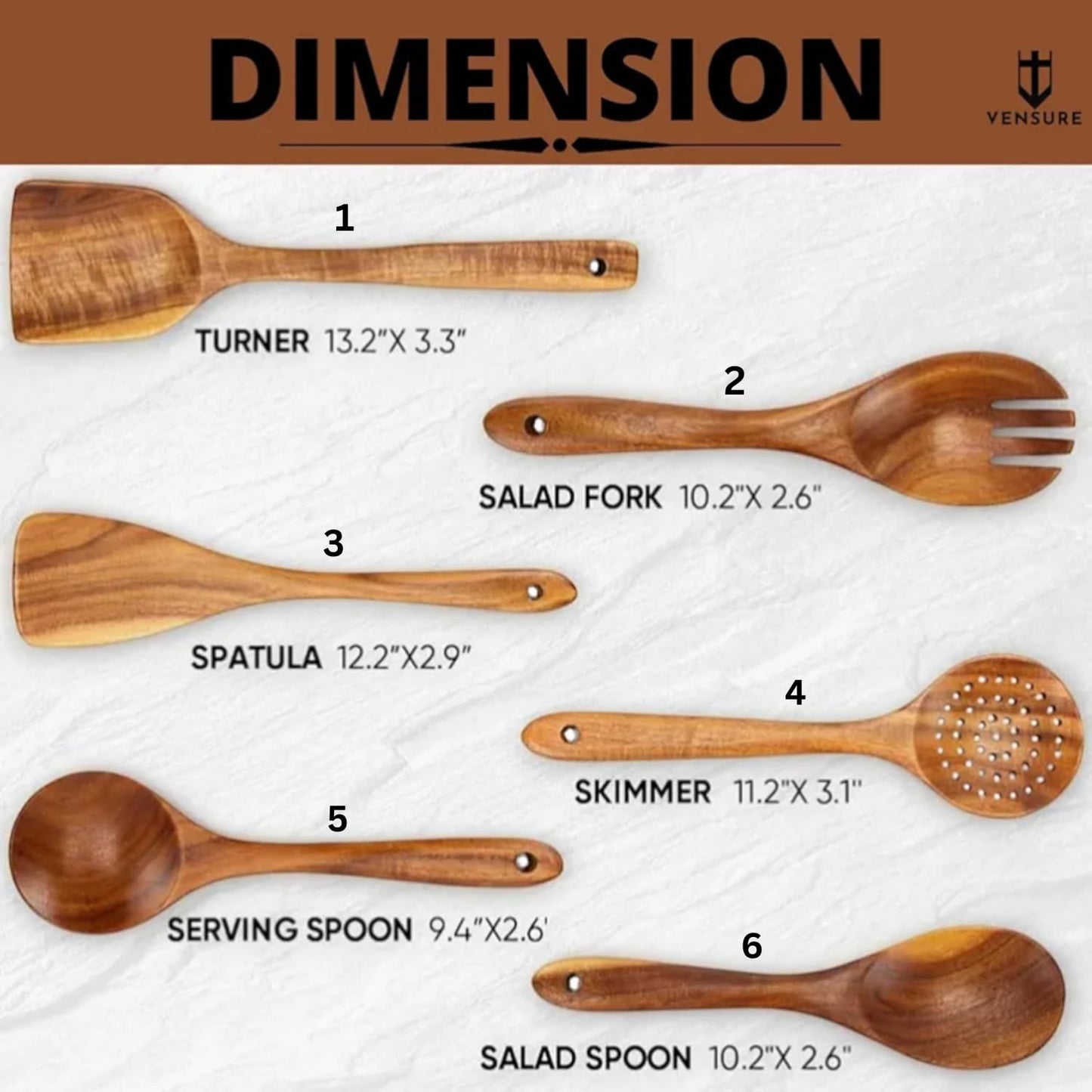 Vensure Wooden Spoons for Cooking 6-Piece, 12 Inch Wooden Spatula Spoon Set for Cooking, Non-Stick Wooden Cooking Utensils -Soft Comfort-Grip Wood Spoons for Cooking, Wooden Spoon with Handmade Design