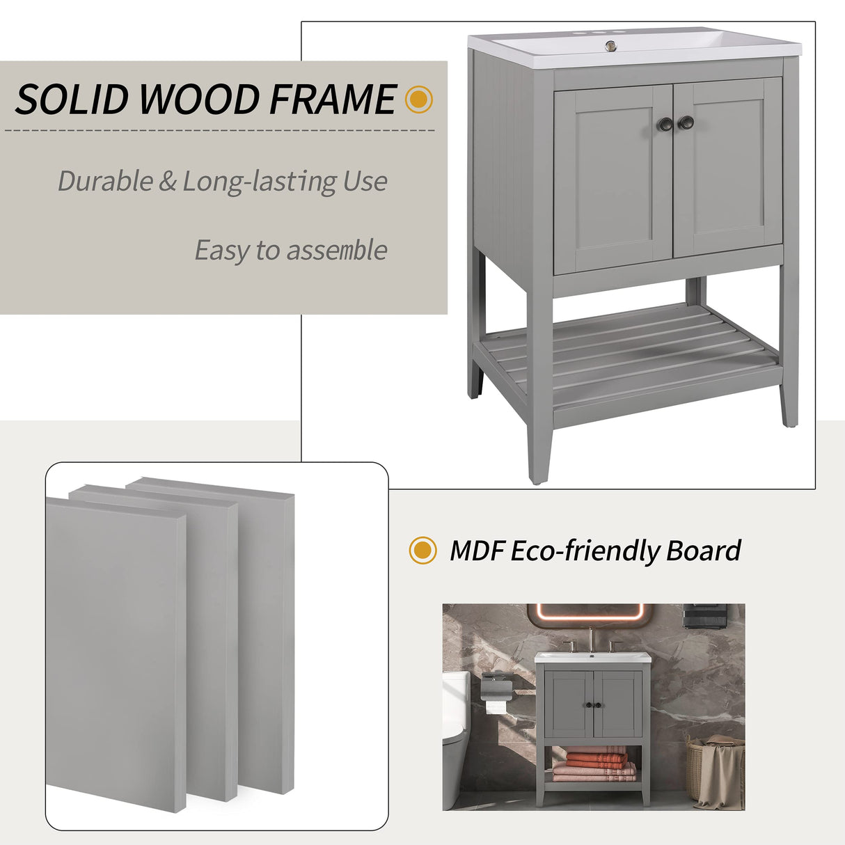 P PURLOVE 24 Inch Bathroom Vanity with Sink,Single Bathroom Vanities Cabinet with Doors and Open Shelf,Solid Wood Small Vanity with Sink,Gray P PURLOVE