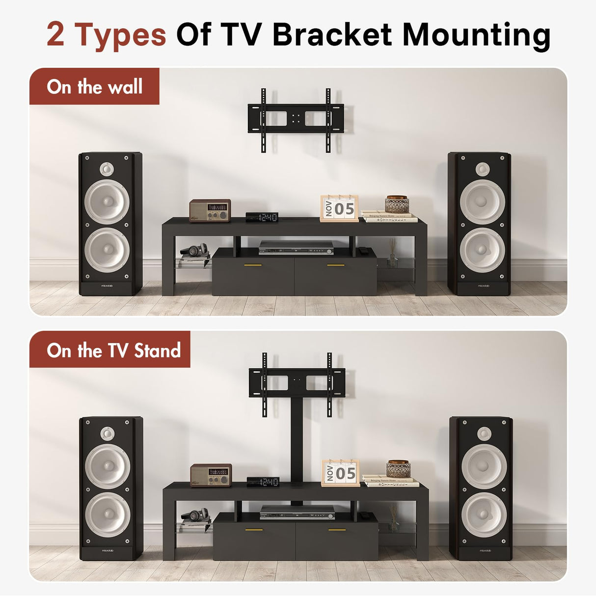 Redkey Modern TV-Stand with Mount - TV Console with 2AC Outlets - Television Stands with RGB Led Light for 70 75 80 Inch TVs - Double Cabinet - Open Glass Shelves - Pure Black Redkey