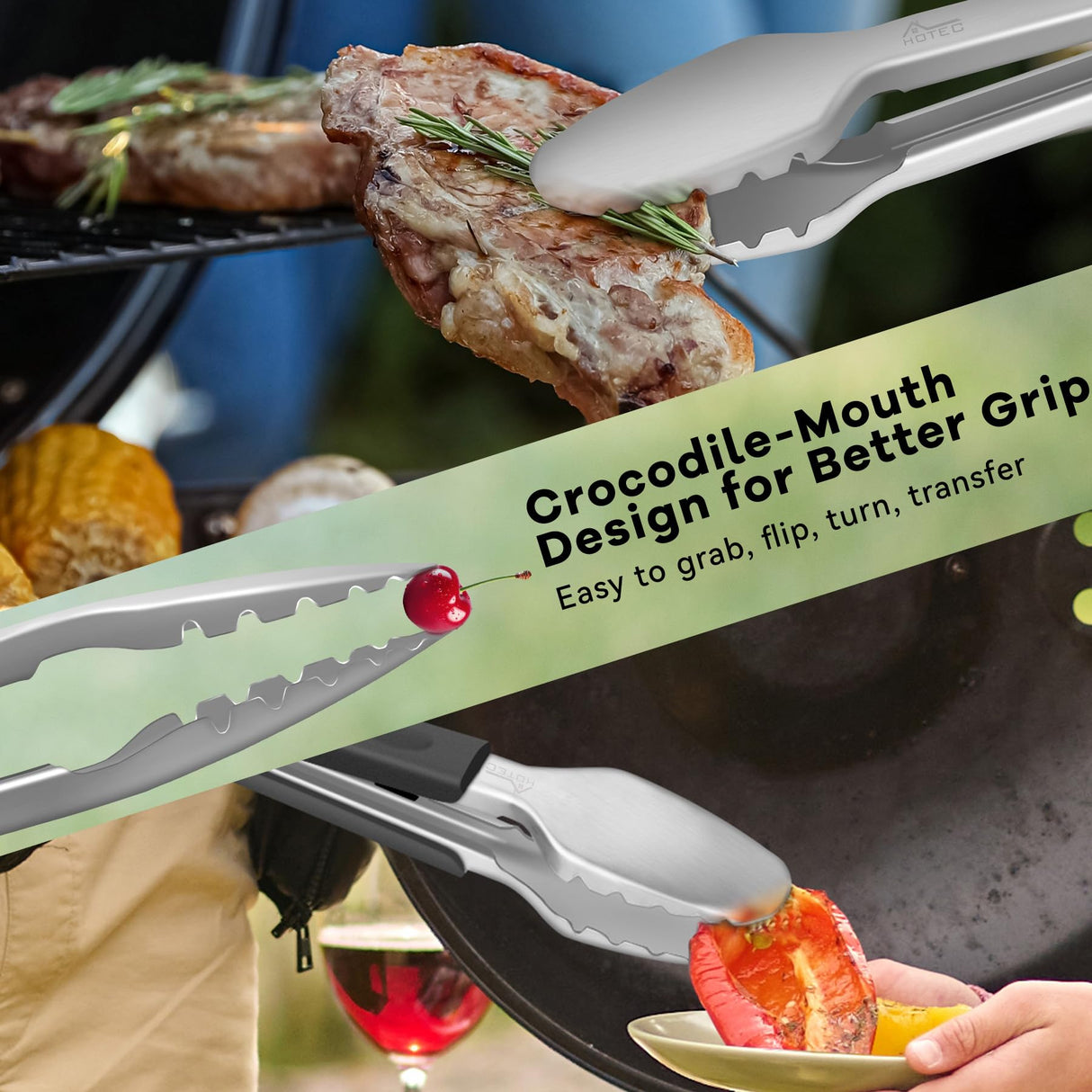 Hotec Stainless Steel Kitchen Tongs Grill Tongs Set of 2-9" and 12", Barbecue Tongs Locking Metal BBQ Kitchen Food Tongs for Cooking Non-Slip Grip HOTEC