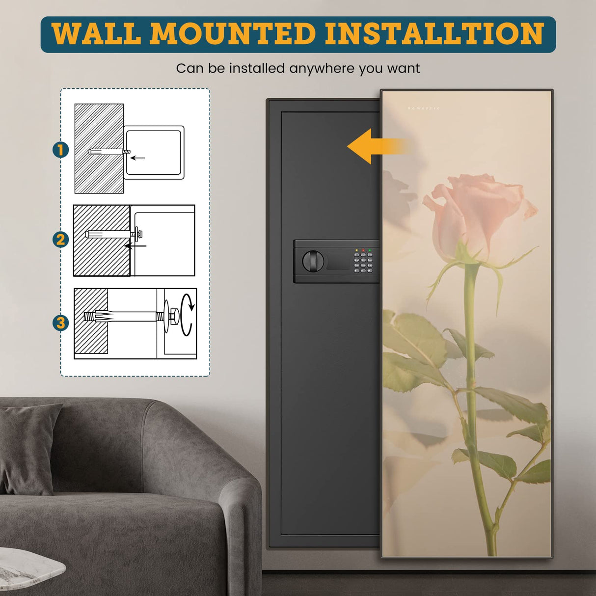GHJGAGE 43.5" Tall Fireproof Wall Safe Between Stud, Heavy Duty Flush In Wall Safe With Digital Keypad & Removable Shelf, Hidden Gun Safe, Security Home Wall Safes For Storage Firearms Money Medicine GHJGAGE