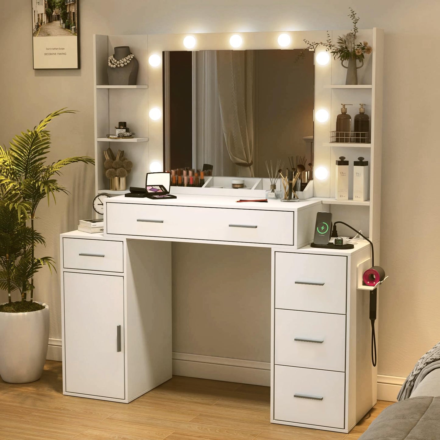 Vanity Desk with Lights and Power Strip, Makeup Vanity Table Lots Storage with 5 Drawers & 1 Cabinet, 3 Light Colors with Adjustable Brightness, Large Vanity 47.3'' (W)